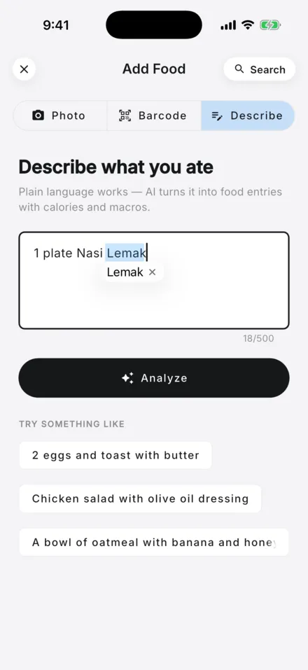 AI Calorie describe-what-you-ate screen with a typed meal